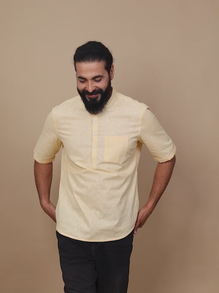 Lemon Yellow Cotton Short Kurta For Men