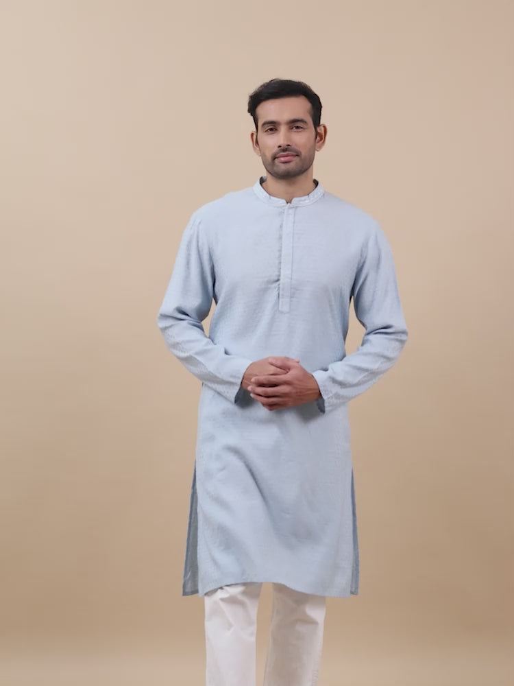 Blue Embroidered Banarasi Long Kurta for Men