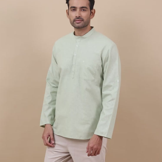 Light Green Cotton Short Kurta for Men