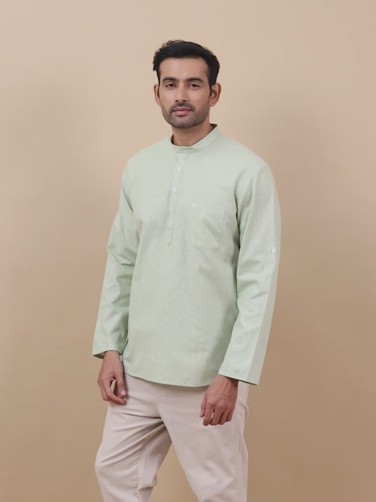 Light Green Cotton Short Kurta for Men