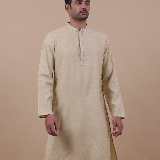 Light Yellow Embroidered Banarasi Long Kurta for Men