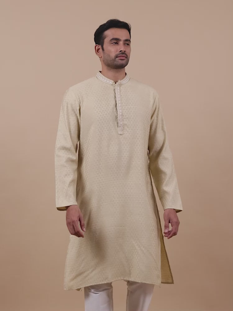 Light Yellow Embroidered Banarasi Long Kurta for Men