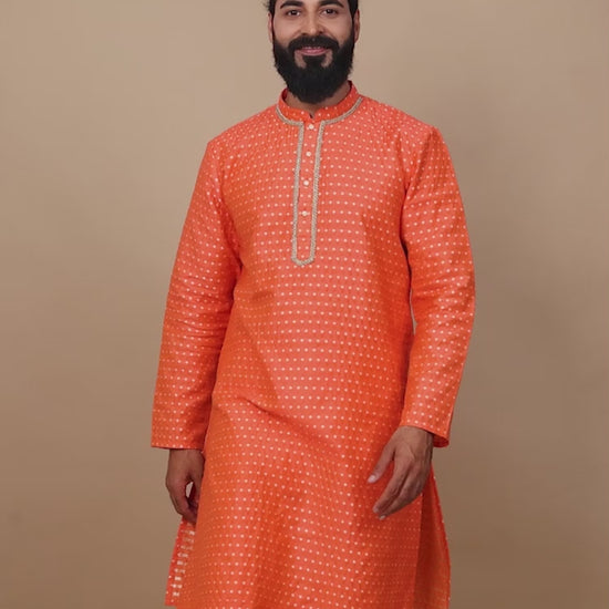 Coral Banarasi mandarin collar kurta mens