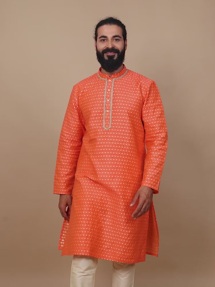 Coral Banarasi mandarin collar kurta mens