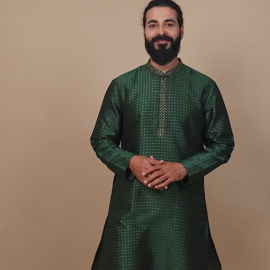 Bottle Green With Gold Embroidered Knee Length Kurta For Men