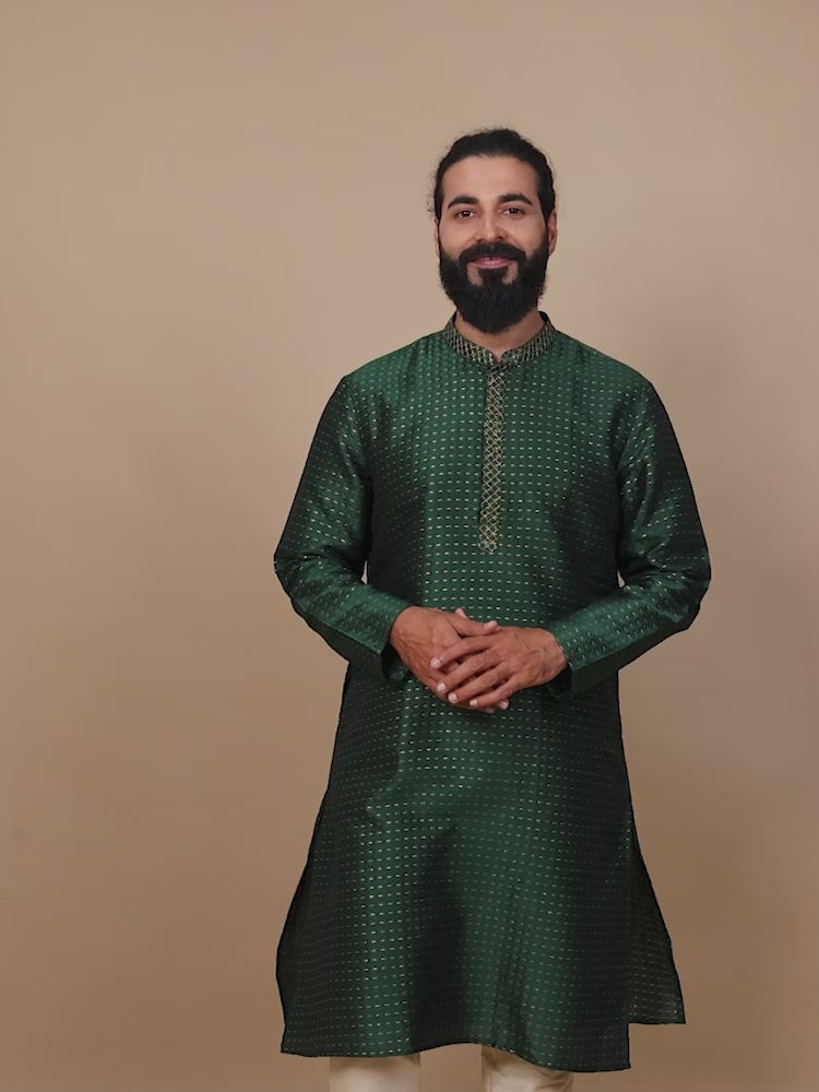 Bottle Green With Gold Embroidered Knee Length Kurta For Men